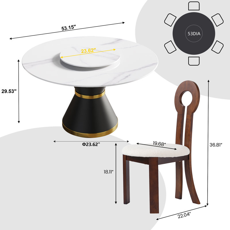 6 Seat Modern Round Sintered Stone Dining Table With Rotating Tray,modern Key-shaped Dining Chairs, White