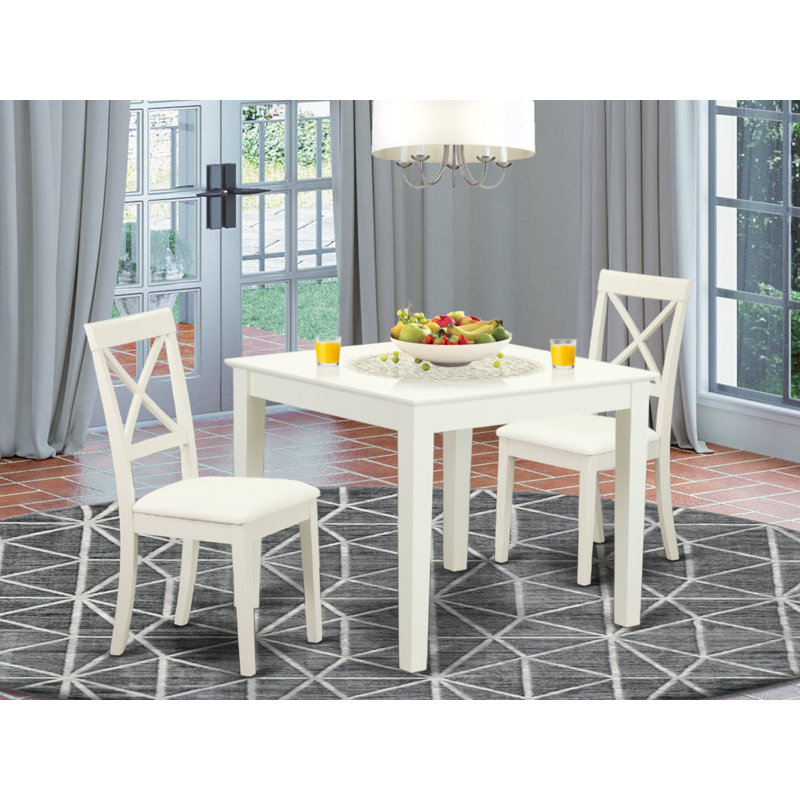 3 Piece Modern Dining Table Set Contains a Square Wooden Table and 2 Faux Leather Dining Room Chairs, Linen White
