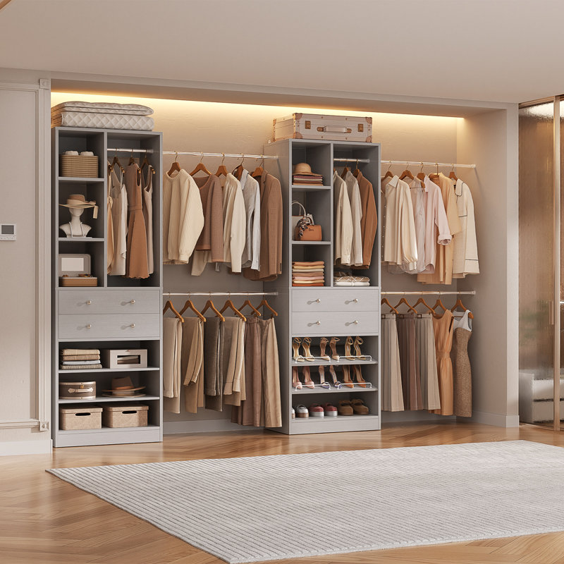 Système de placard avec 4 tiroirs en bois et étagères à chaussures, Gris