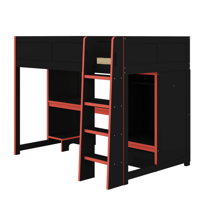 Lit mezzanine double en bois avec bureau intégré, garde-robe, DEL et tiroir, Lit double