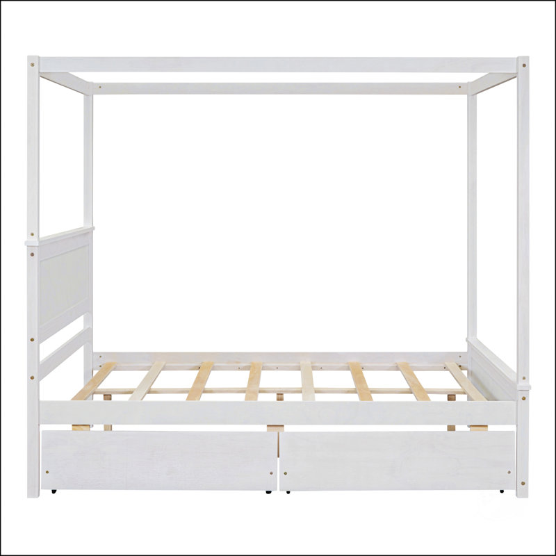 Wood Canopy Bed with two Drawers, White