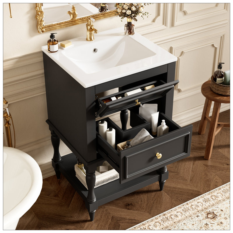 Meuble-lavabo avec lavabo en céramique, tablette ouverte et 2 tiroirs, Black
