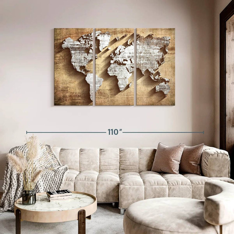 Carte du monde en bois sculpté, carte du monde sur toile, ensemble de 3 pièces, H 48 po x l 74 po x P 1,25 po