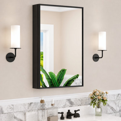15" W x 26" H Elise Iron Framed Recessed/Surface Mount Medicine Cabinet with Mirror, Adjustable Glass Shelves for Makeup, Shaving or Bathroom Vanity Storage