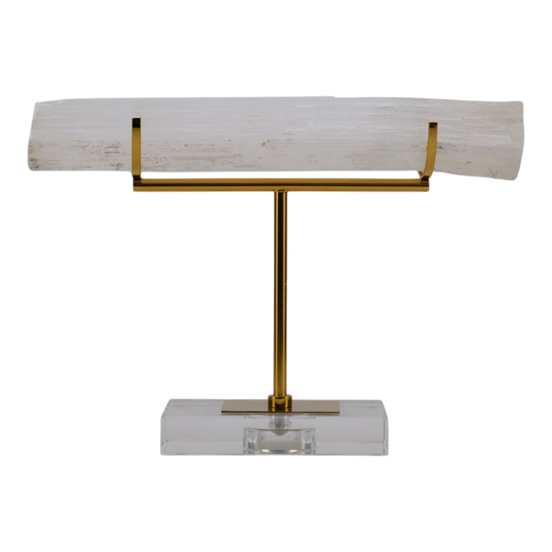 Sélénite d'inspiration Valencia avec décorations en métal et base en acrylique - Présentoir minéral moderne pour une décoration intérieure élégante