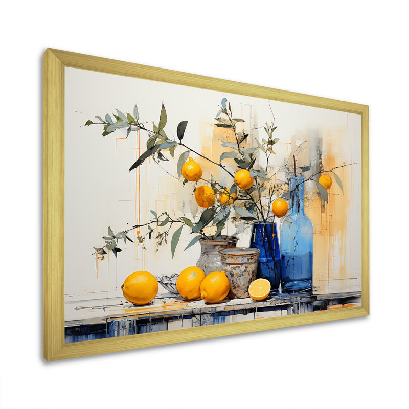 Décoration murale bohème bleue et jaune agrume III - Boho Pottery, Cadre doré à coins fermés, H 24 po x l 32 po x P 1 po