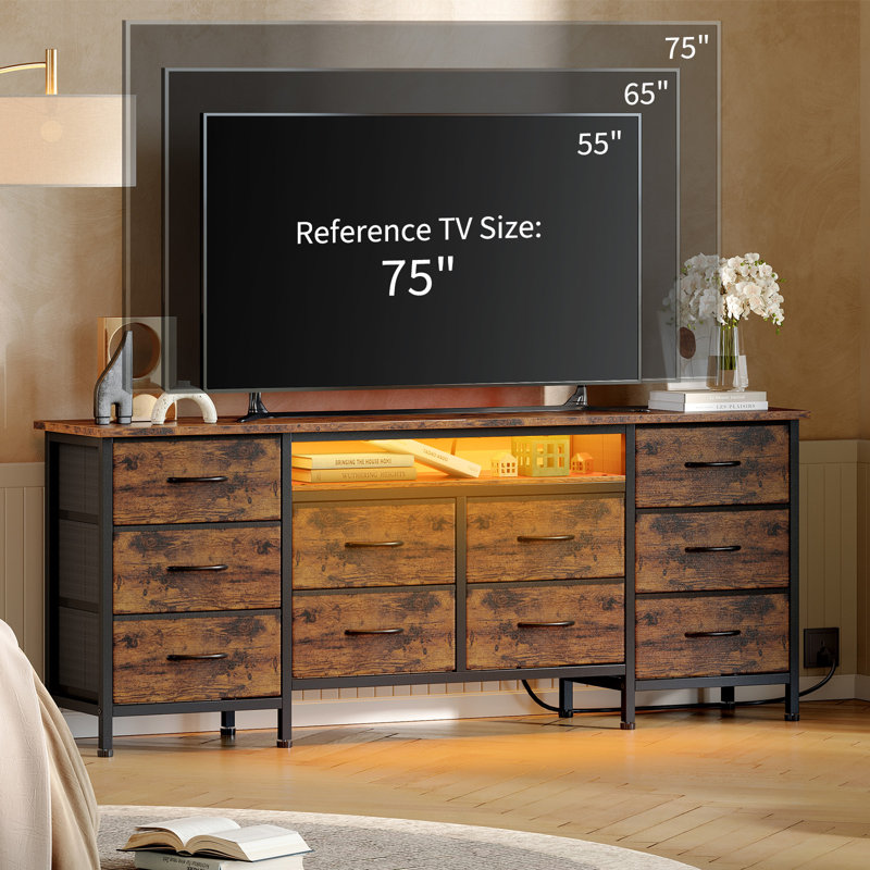 63" TV Stand Dresser with 10 Storage Drawers, Power Outlets & LED Lights, Wide Dresser Organizer Entertainment Center, Brown