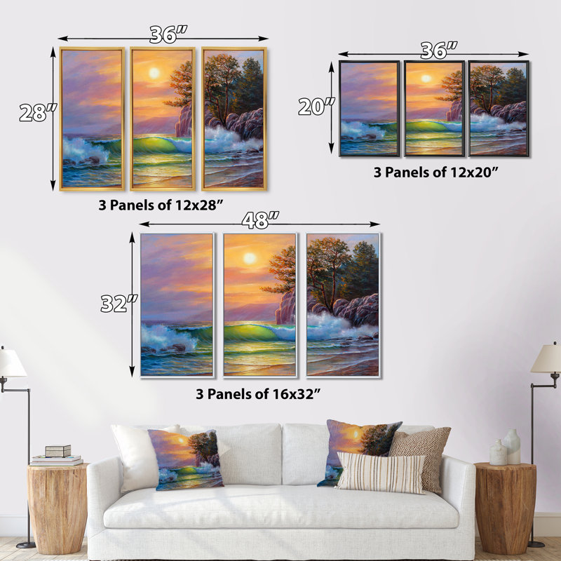 «Morning Sun on Sea Waves» par les pins - ensemble d'art mural encadré nautique et côtier sur 3, H 20 po x l 36 po x P 1 po