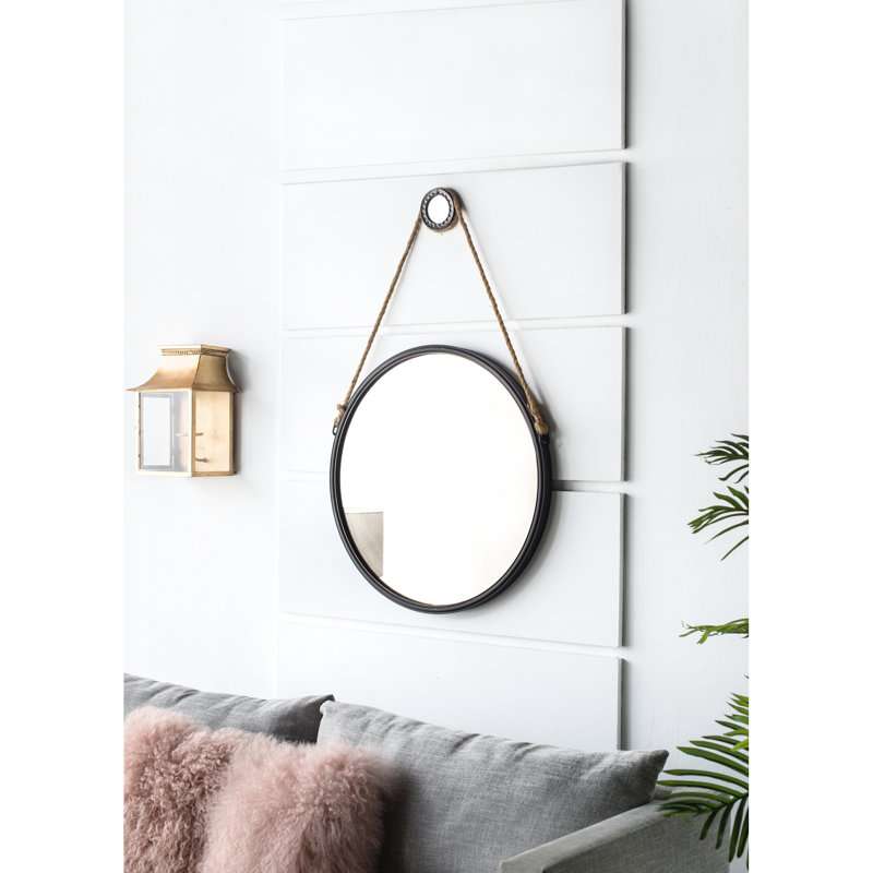 Élégant miroir rond suspendu de 29,5 po avec cadre noir et corde solide pour le salon, la chambre et la salle de bain