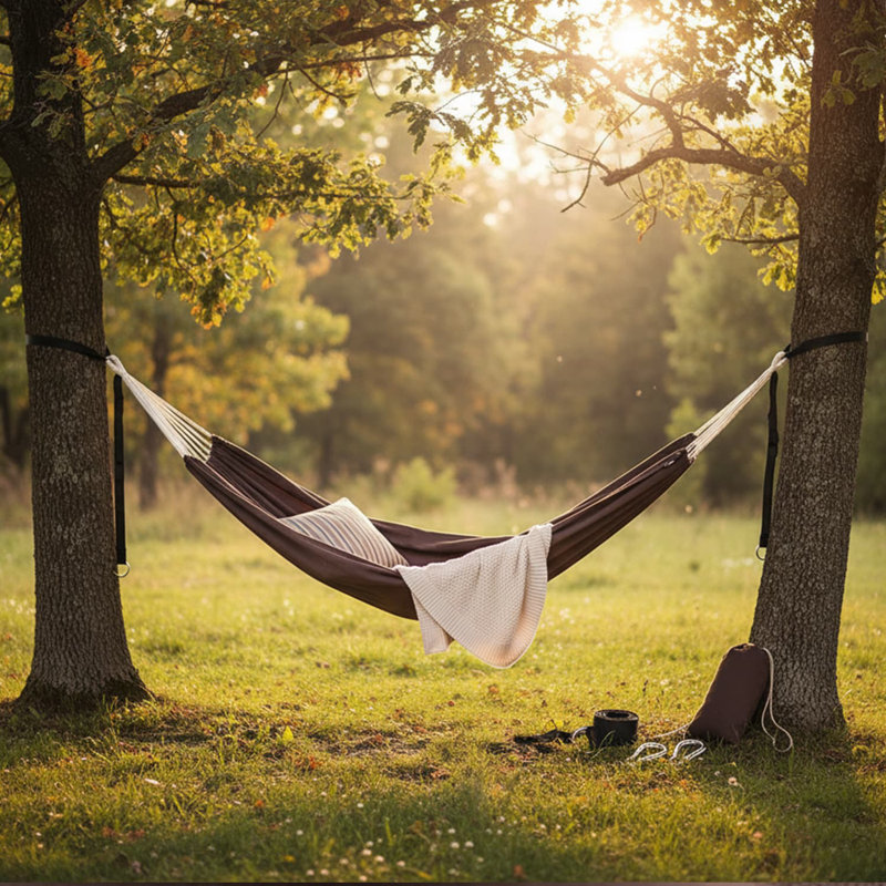 Comfortable Cotton Hammock with Tree-Friendly Straps & Portable Design, Brown