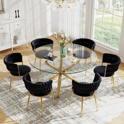 Modern Round Tempered Glass Pedestal Dining Set with Weaven Velvet Dininig Chair