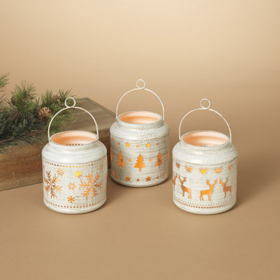 Lighted Metal Winter Scene Lanterns Set of 3 5.5"H with Candles