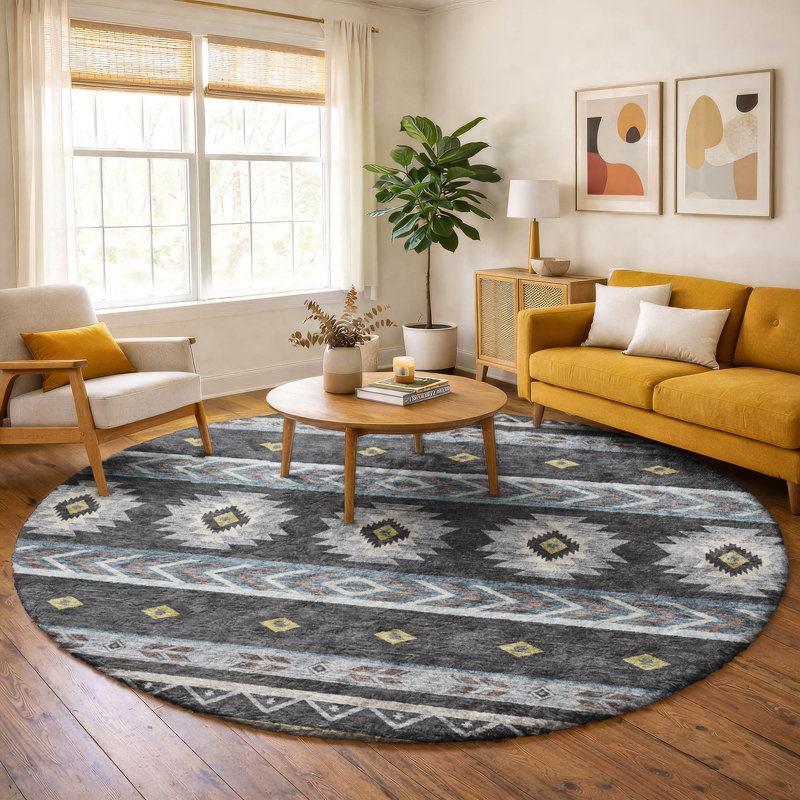 Premium Machine Washable Dream Shag ADS178 Aztec Rug, 8' Round, Midnight