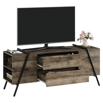 Meuble télé 55 po Mid-Century pour téléviseur de 55 à 60 po, console multimédia avec tablette réglable, 2 tiroirs et pieds en U en métal