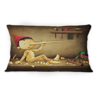 Coussin Pinocchio avec long nez et chapeau rouge - imprimé d'art pour enfants 12 po x 20 po