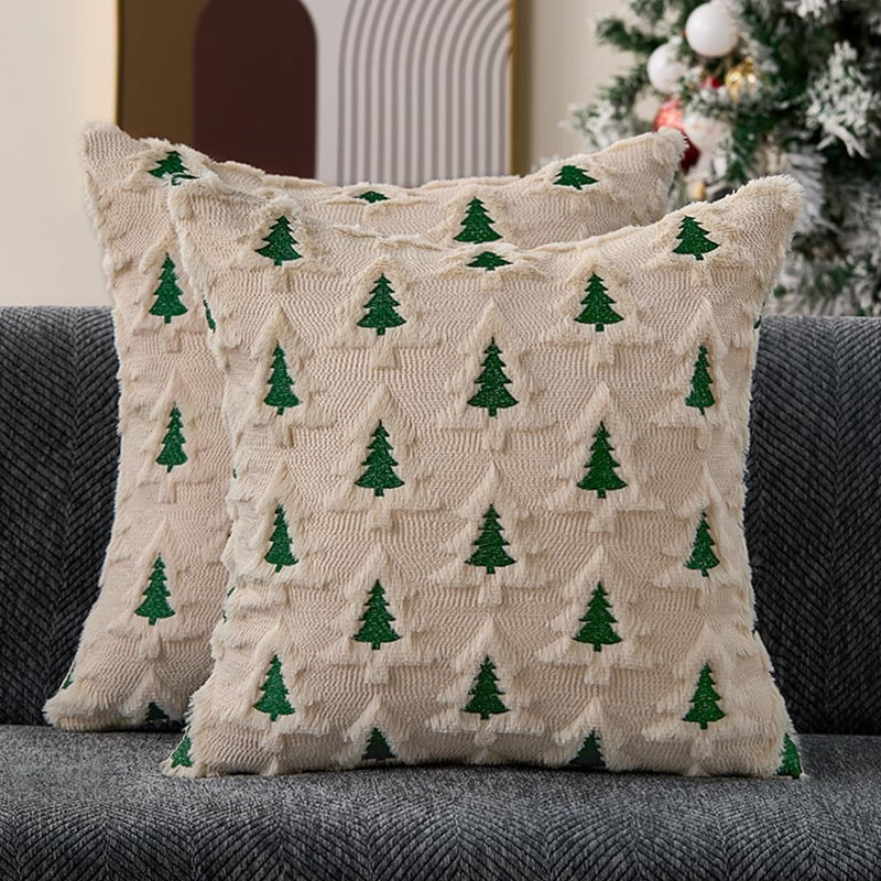 Housses de coussin de Noël 18 x 18, ensemble de 2 housses de coussin d'arbre de Noël double beige, décorations de Noël en fausse fourrure moelleuse pour Noël