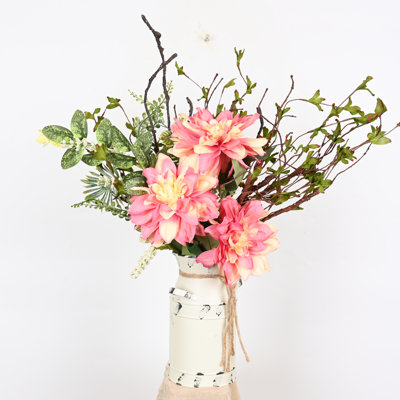 Arrangement floral de dahlia artificiel printemps été avec seau en métal pour décoration murale de porte d'entrée