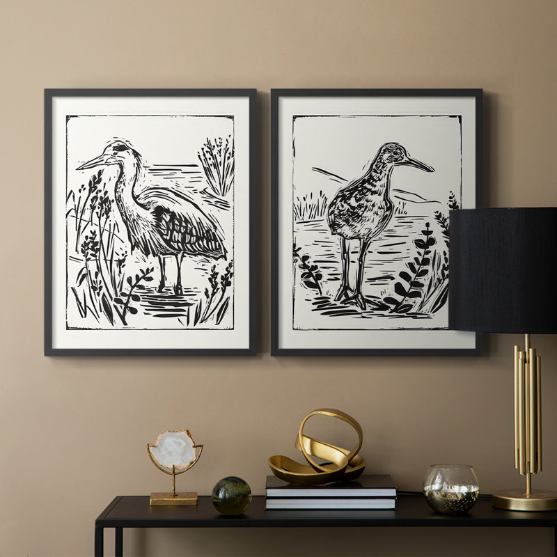 Linocut style Seabird I-Premium, reproduction encadrée prête à accrocher - aucun clou requis - aucun clou requis