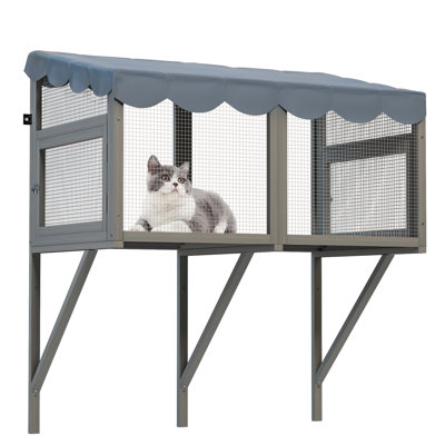 Wooden Cat Window Box - Solid Wood Frame, Expandable For Multi Kittens, 24.8'' Height, Gray Color, Secure And Enjoyable Outdoor Space Perch Enclosure Indoor Cats, 25.2'' Width, Pet Barrier,