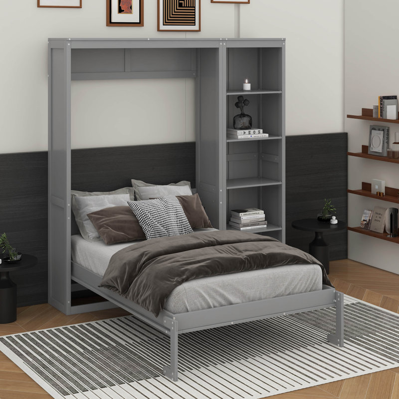 Lit escamotable double avec tablettes, Gris, Lit double