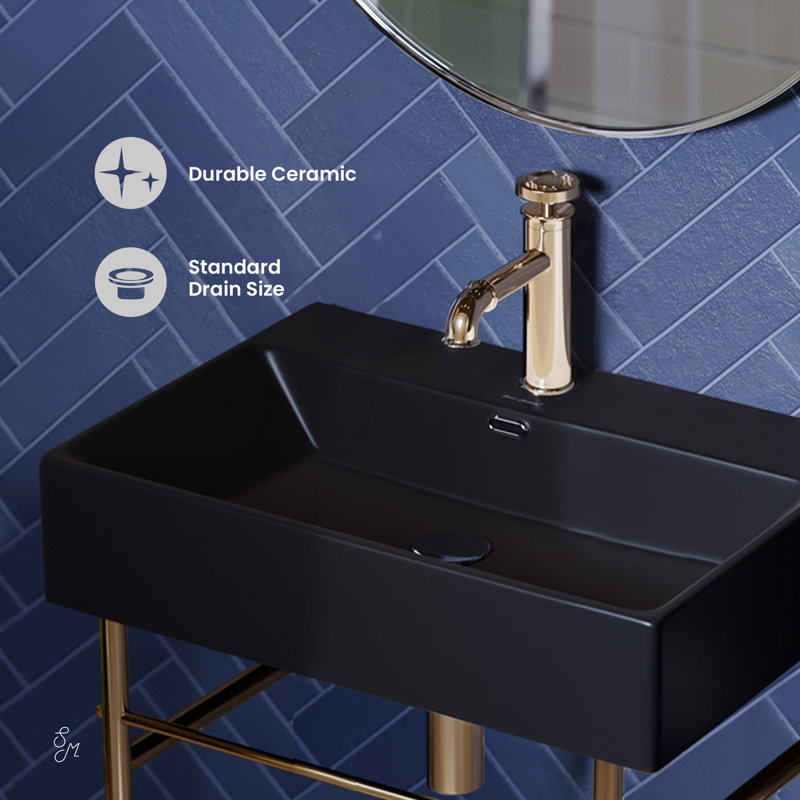 Claire Ceramic Console Sink Basin, Black/Gold, 35.38" H x 16.5" W x 24" L