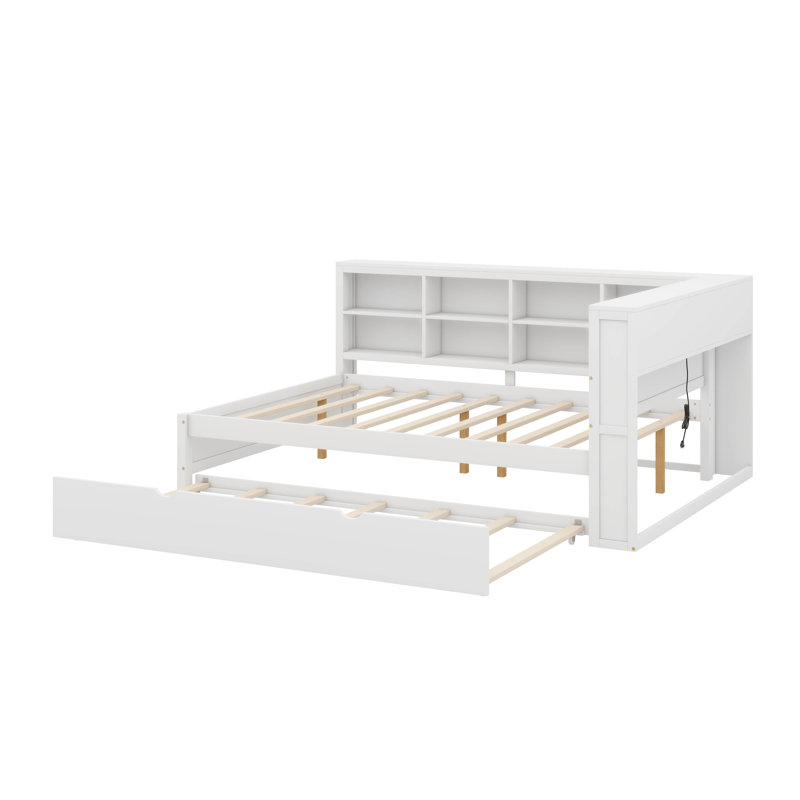 Lit de jour double en bois avec lit gigogne, tablette de rangement et ports de chargement USB