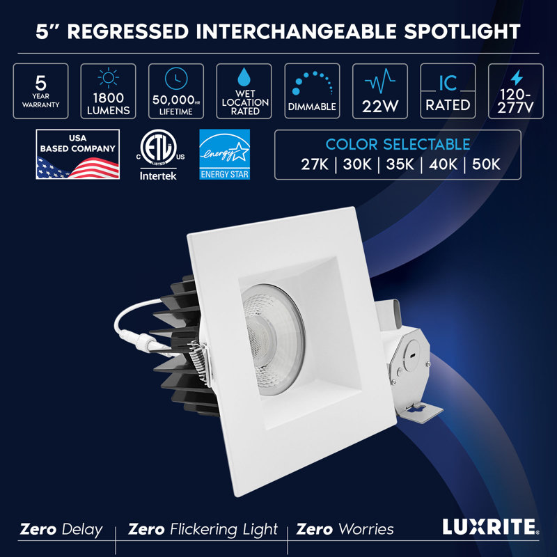 Luminaire encastré à DEL de 5 pouces Luxrit, régressé avec garniture carrée blanche, 22W, 1800LM, 5CCT, faisceau 38 °, à intensité variable, Twist-N-Lock, CRI90, ETL