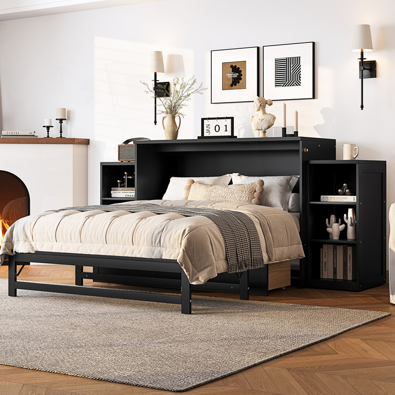 Lit escamotable double avec tiroirs et tablettes de rangement spacieux, Gris foncé