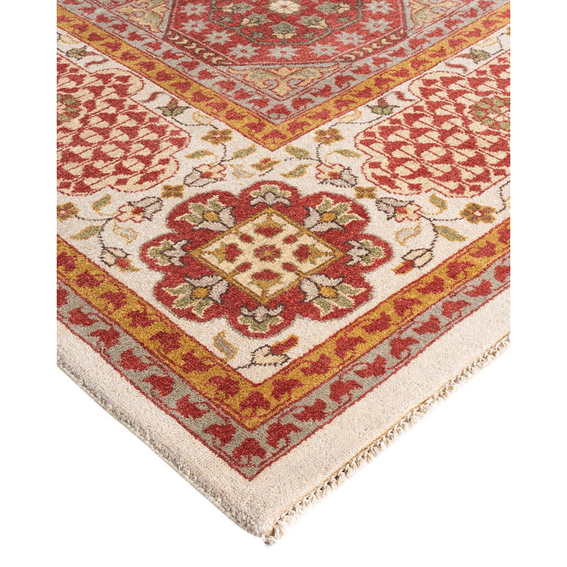Tapis noué à la main de conception unique Makenley - blanc, 9 pi 1 po x 12 pi 2 po