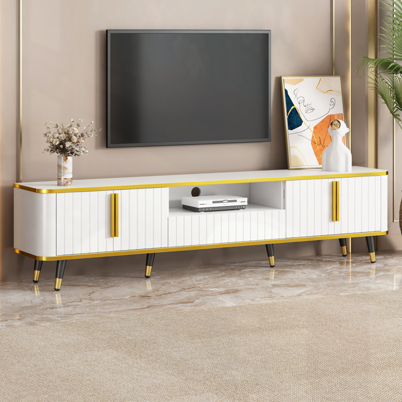 Meuble télé avec tablette de rangement ouverte pour téléviseur de 85 po ou moins, Blanc / Doré