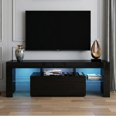 Brimlow Modern style TV stand with drawers and shelves, LED lights up to 58"