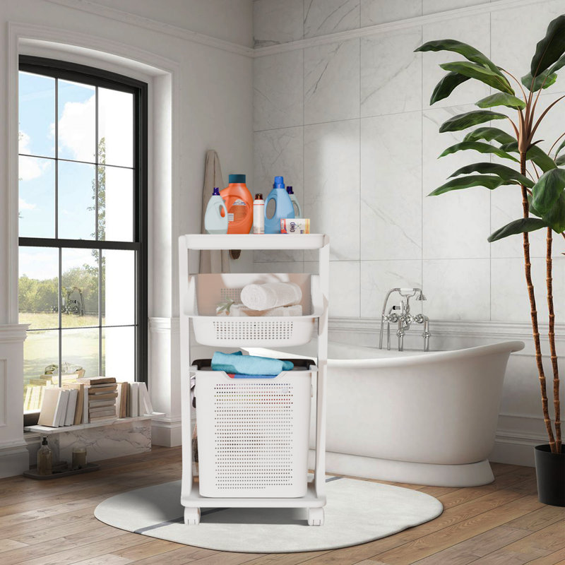White 2-Tier Rolling Laundry Basket with Removable Baskets and Wheels