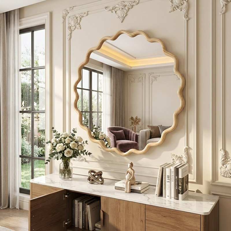 Miroir mural en bois massif Modern Modern, 31" x 31", Bois naturel, Rond