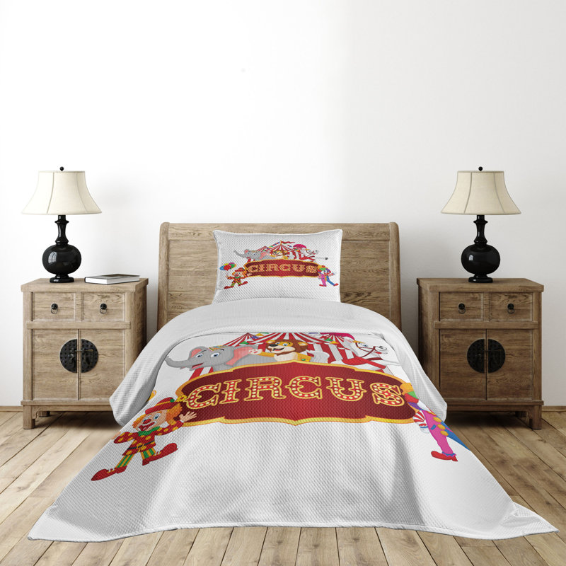 Twin White Quilted Circus Bedspread Set with Pillow Sham