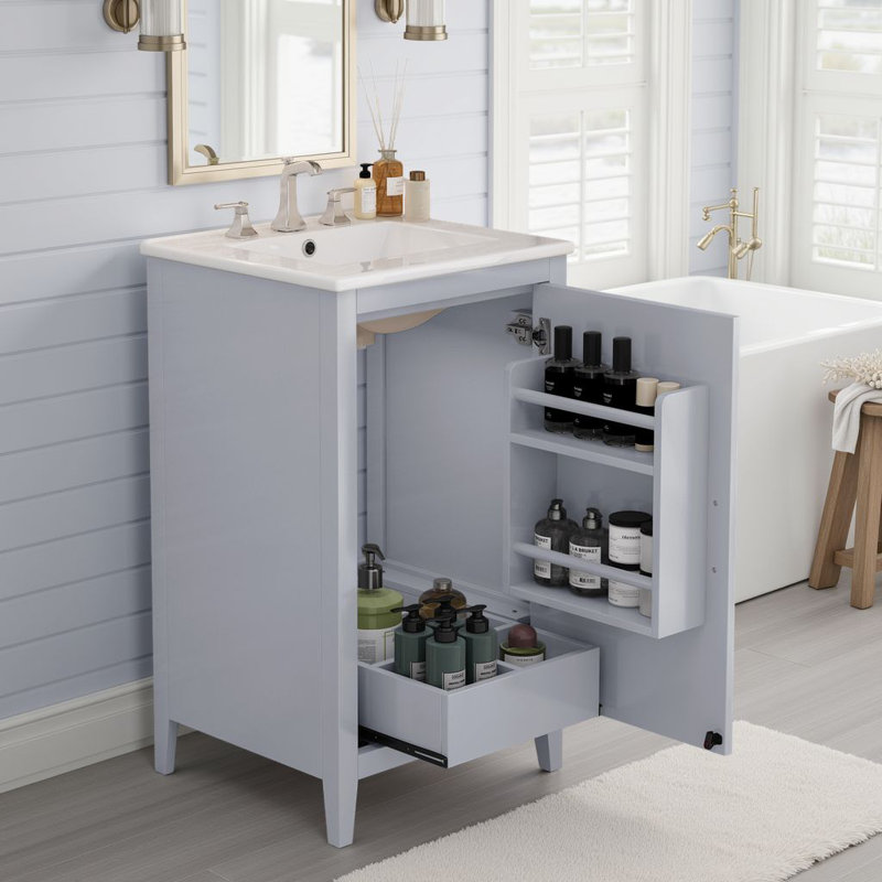 Meuble-lavabo autoportant de 20,3 po avec lavabo en céramique, porte à fermeture en douceur avec tablette et tiroir interne