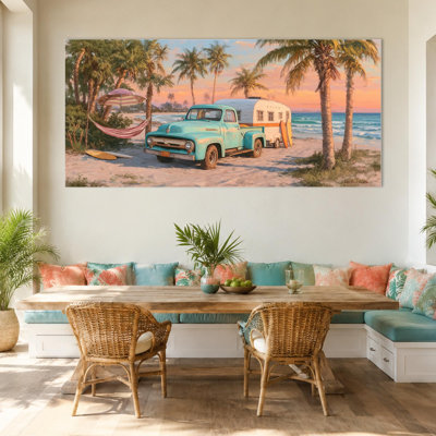  Décoration murale tropicale - art mural côtier avec palmier, impressions sur toile de camion rétro pour une pièce tropicale, cadre en bois de pin horizontal nordique 16 x 32 pouces