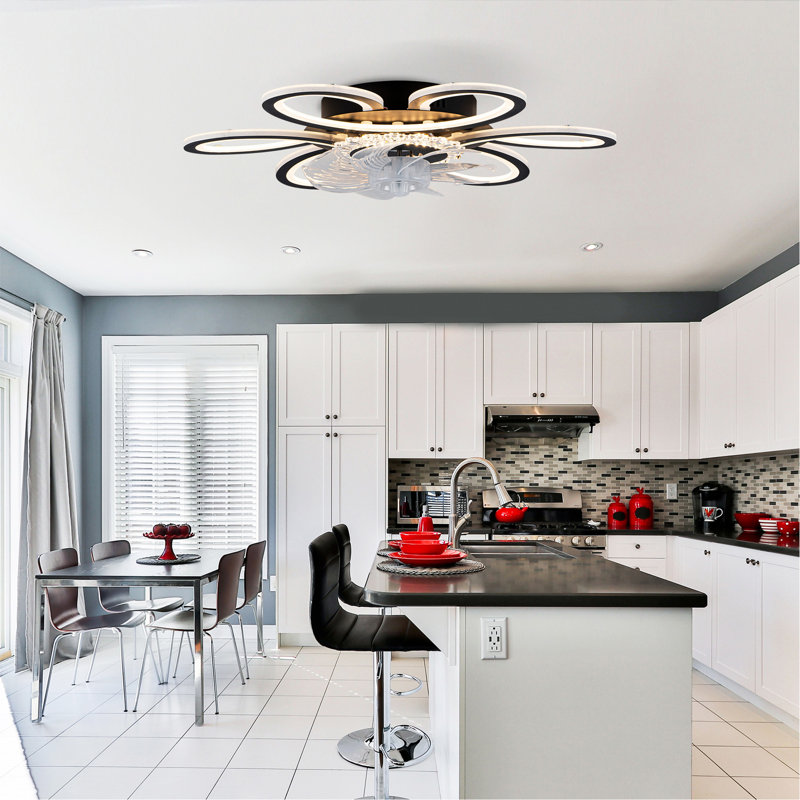 5 PCS Blades Ceiling Fan with Lights Remote Control.APP, 25" Black, 6 Speeds 3 Light Color Low Profile Flush Mount Ceiling Fan for Kitchen Bedroom