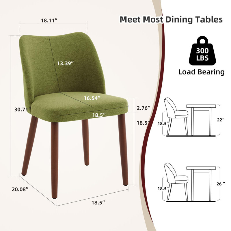 Upholstered Dining Chairs Set of 2, Modern Linen Kitchen Chairs with Cushioned Seat and Wood Legs, Green