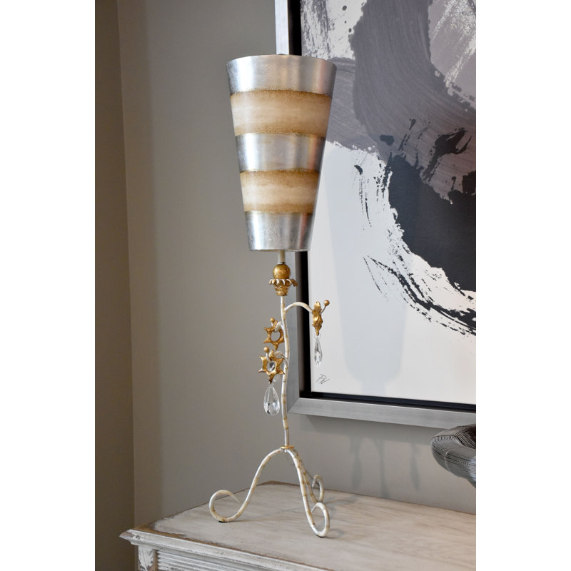 Raffa Tivoli Distressed Buffet Table Lamp Inverted Striped Shade, Silver/White