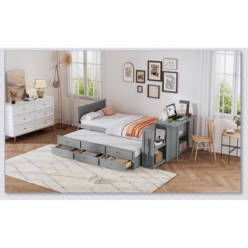 Lit plateforme simple en bois avec bureau et tablette de rangement à l'extrémité du lit, Gris
