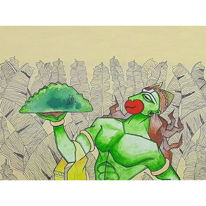 Veer Bajarangi tenant la montagne des herbes de Sanjeevani | Acrylique sur papier Canson | Ramana Peram