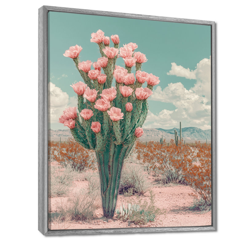 Markan pastel Cactus Bloom dans le désert III - Cactus, H 44 po x l 34 po, Reproduction avec cadre flottant, Argent argent