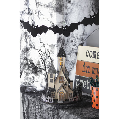 10X8.3X13.5" Cardboard Lighted Haunted House, Black Beige Tabletop Holiday Halloween Decor, Battery Powered