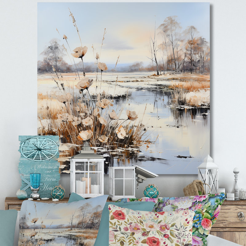 Charme de rivière en hiver, H 24 po x l 24 po x P 1 po, Toile tendue