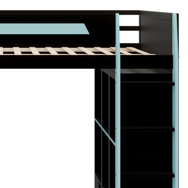 Smart RGB LED Loft Bed with Desk, USB Ports, 6 Cubbies, 6 Drawers, Black+Blue
