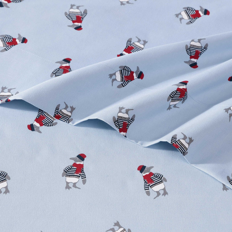 Nautica Cozy Brushed Flannel Printed Sheet Sets, Twin Sheet Set with 1 Pillowcase, Blue/Red Seahorses