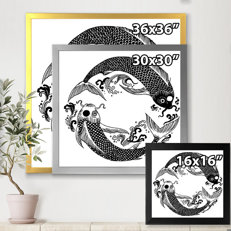 Poisson koi chinois dans un style chinois III - Impression sur toile, H 16 po x l 16 po x P 1 po, Cadre photo noir