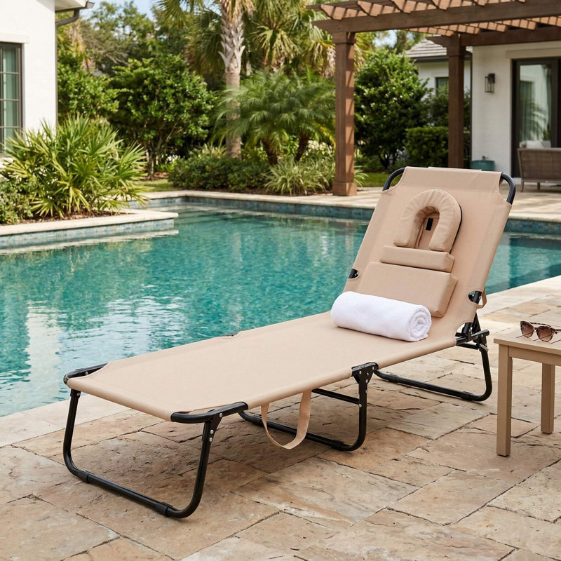 Fauteuil de bronzage extérieur pliable avec trou pour le visage respirant et 3 coussins moelleux amovibles pour la plage