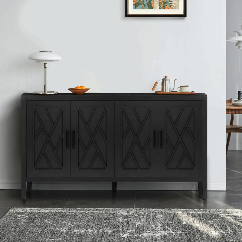 Armoire décorative de style campagnard 60 pouces avec 4 portes et tablette réglable, Noir antique
