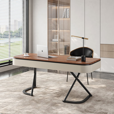 Bureau d'écriture moderne 63 po, bureau en bois brun, 2 tiroirs, pieds en acier inoxydable